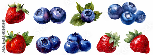 Watercolor strawberries and blueberries with green leaves on white background, fresh, juicy summer berries for healthy eating, nutrition, dessert and fruit themed designs
