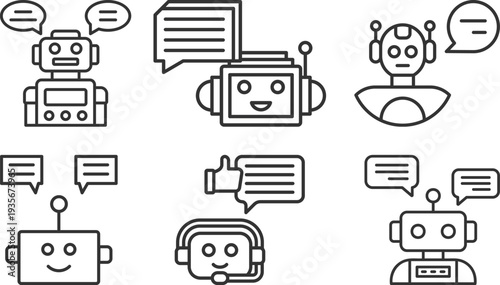 Modern chatbot and AI assistant line icons set. Featuring robot avatars, customer support bots, live chat bubbles, artificial intelligence and messaging concepts.