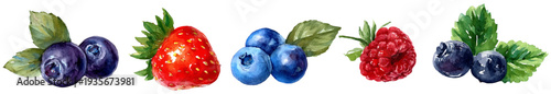 Watercolor illustration creating a fresh arrangement of sweet blueberries, crimson strawberries, and tart raspberries, depicting healthy and organic summer fruits