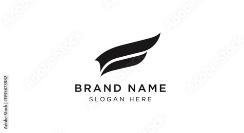 Modern minimalist feather logo template with placeholder brand name and slogan text on white background.