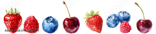 Fresh watercolor berries and fruits set featuring vibrant red raspberries, strawberries, blue blueberries, and dark red cherries, perfect for healthy eating designs