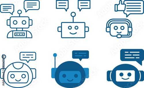 Modern chatbot and AI assistant line icons set. Featuring robot avatars, customer support bots, live chat bubbles, artificial intelligence and messaging concepts.