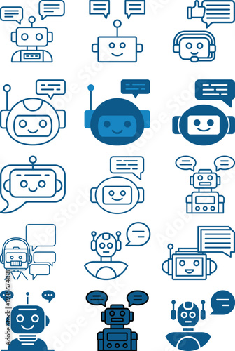 Modern chatbot and AI assistant line icons set. Featuring robot avatars, customer support bots, live chat bubbles, artificial intelligence and messaging concepts.