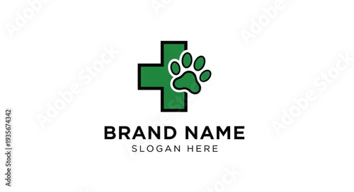 Veterinary Clinic Logo Template with Green Cross and Paw Print.