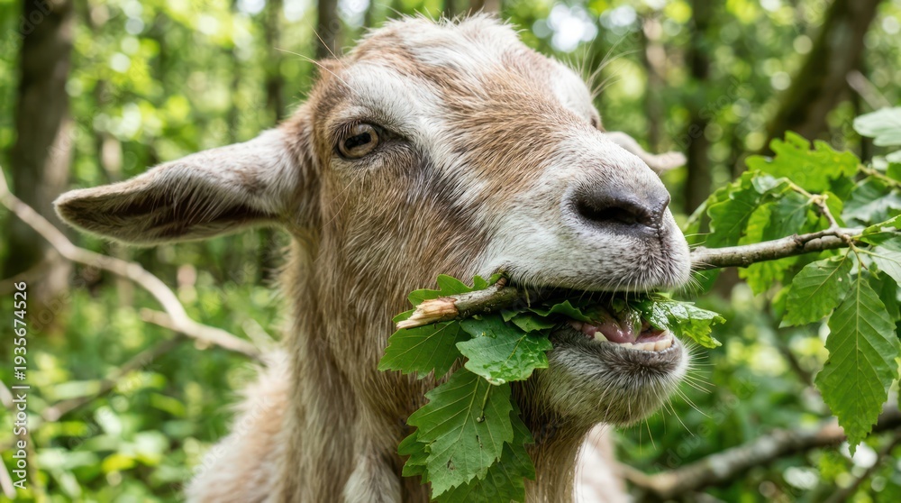 Fototapeta premium Goat enjoying a tasty snack of fresh green leaves.