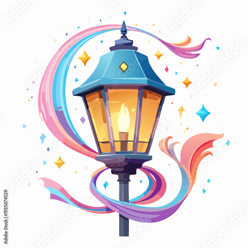 Whimsical glowing lantern illustration with colorful swirling ribbons and magical sparks, radiating enchanting light