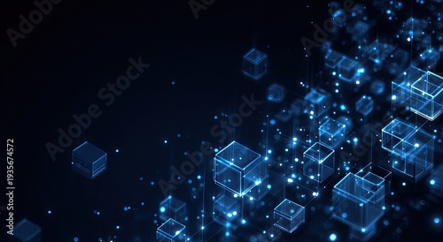 Abstract digital cubes and particles form a futuristic glowing network
