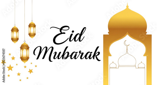 Golden Eid Mubarak Lanterns and Mosque Dome for Festive Islamic Celebration and Greeting Card Design