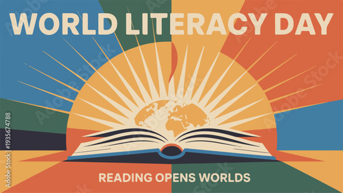 World literacy day poster with open book and sunrise background symbolizing education and knowledge