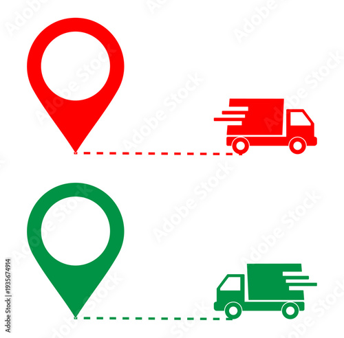 Delivery tracking route illustration with location pins connected by dashed path and transport trucks. Logistics, shipping, courier and parcel shipment progress from origin to destination.