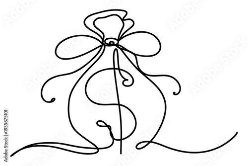 Continuous one line drawing of money bag with currency symbol tied with ribbon, minimalist financial concept representing savings, investment and wealth growth in elegant flowing contour style. Vector