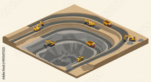 Construction site with excavators and dump trucks on a circular road.