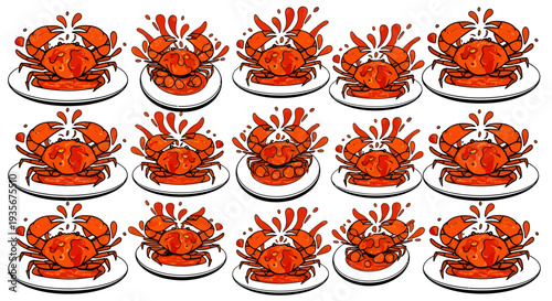Singapore Chilli Crab Illustration Pattern, Spicy Seafood Sauce Splash on Plate, Traditional Asian Cuisine Cartoon Vector