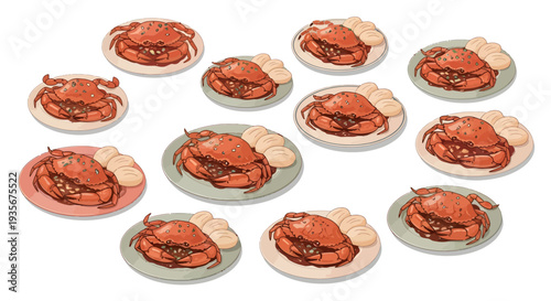 Singapore Chilli Crab with Mantou Buns Served on Plates Illustration Set