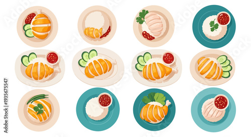 Roasted and Steamed Hainanese Chicken Rice Collection, Singapore Traditional Cuisine Vector Illustration Set