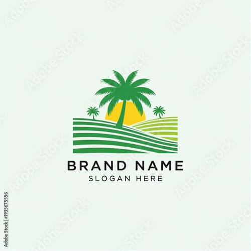 Tropical landscape logo template with palm trees and fields.