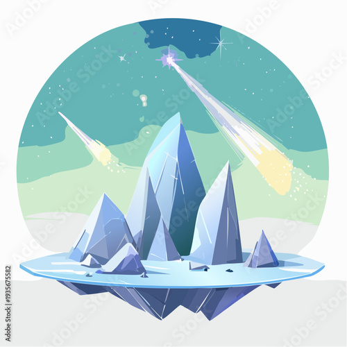Magical Icy Realm A Floating Island of Glaciers Illuminated by a Celestial Meteor Shower