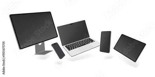 Floating Desktop Computer, Laptop, Smartphone and Tablet Mockup Set – Modern Blank Screen Digital Devices Technology Vector Illustration