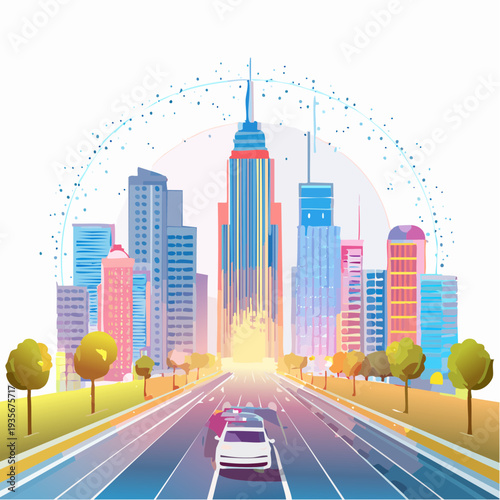 Dynamic urban skyline reflecting a connected smart city of the future, powered by advanced technology and sustainable innovation