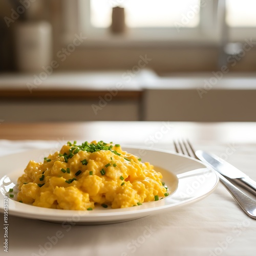 Creamy Scrambled Egg Dish with Chives on White Plate