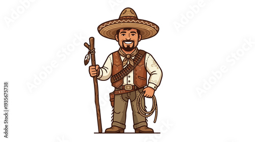 Cartoon Cowboy Character with Sombrero and Lasso.