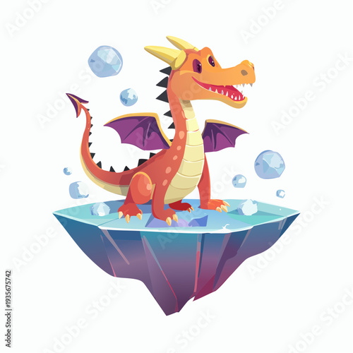 Delightful cartoon dragon joyfully resting on an enchanted levitating ice island with glowing orbs