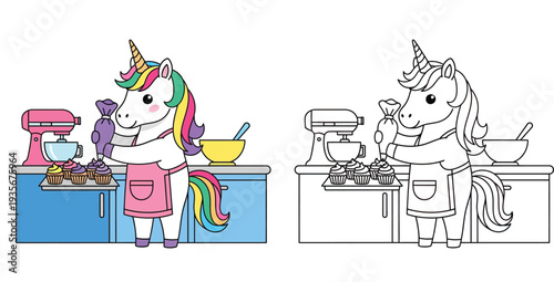 Cute Cartoon Unicorn Baker Decorating Cupcakes - Adorable Fantasy Pastry Chef