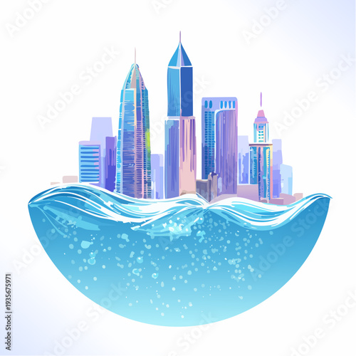 Urban cityscape with futuristic skyscrapers emerging from a body of water