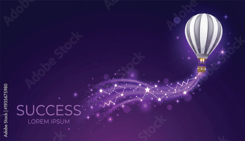 Hot Air Balloon Flying with Sparkling Magic Trail for Business Success Concept