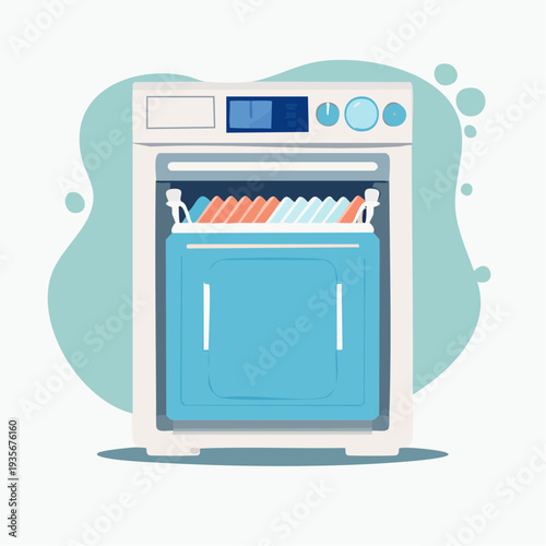 Modern dishwasher with open door and clean dishes