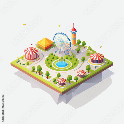 Parc d’attractions isométrique avec grande roue et chapiteaux