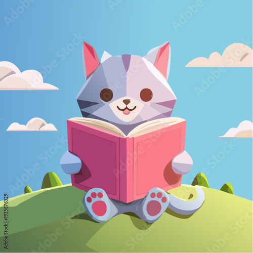 Chat low poly lisant un livre en pleine nature