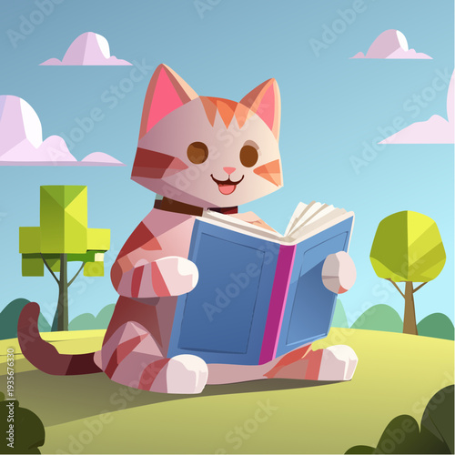 Chat low poly lisant un livre en pleine nature