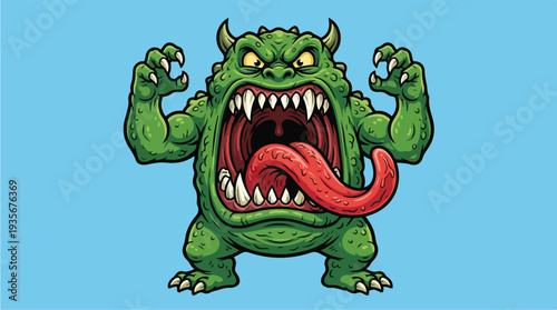 Fearsome Green Monster with Sharp Teeth and Long Tongue Roaring.