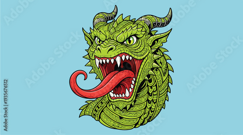 Fierce Green Dragon Head with Open Mouth and Long Tongue.