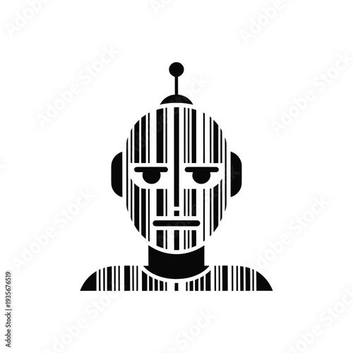 Abstract robotic face composed of vertical stripes and geometric shapes