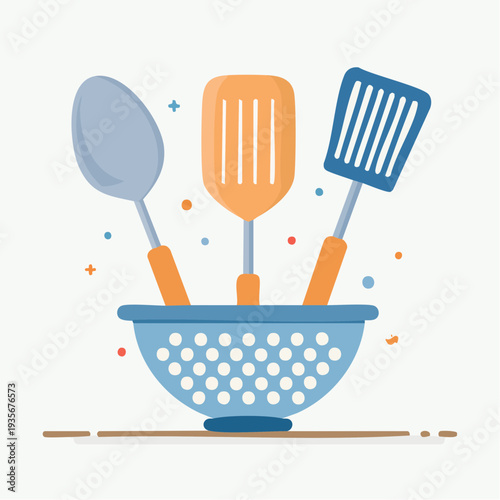 Kitchen utensils in blue colander with colorful accents