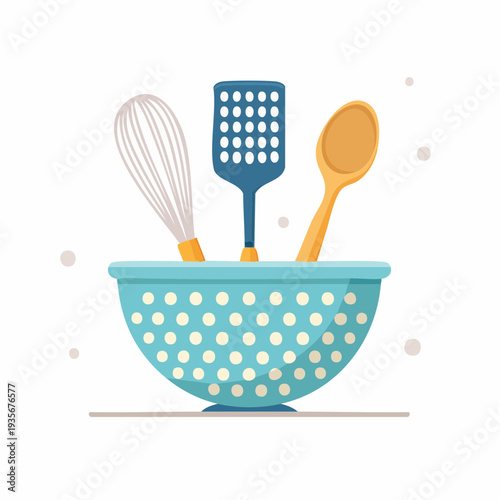 Kitchen utensils in blue colander with colorful accents