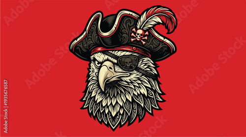 Eagle Pirate Mascot with Eyepatch and Feathered Hat.