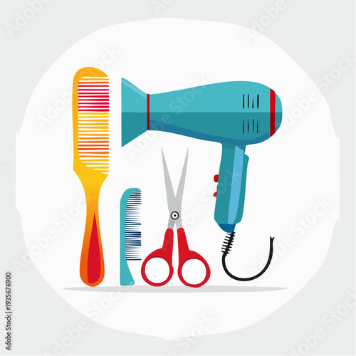 Hairdressing tools with scissors, comb and hairdryer on white background