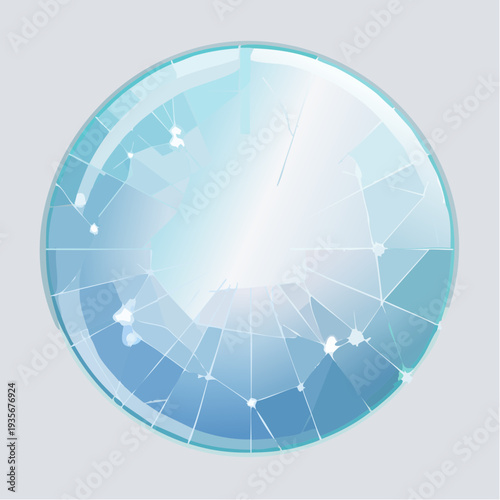 Abstract shattered glass sphere in cool blue tones with intricate light reflections, symbolizing fragility and strength