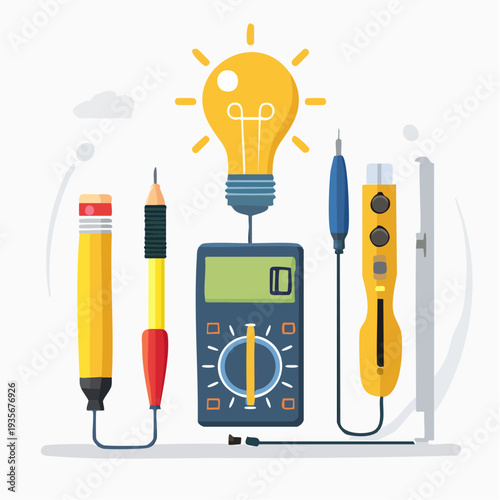 Electrical tools with multimeter and light bulb on white background