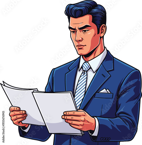 Cartoon businessman reading documents in formal suit, professional office worker analyzing papers, corporate executive illustration, business management vector design.