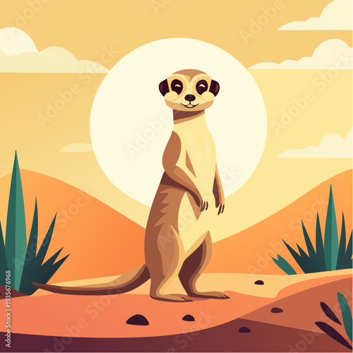 Meerkat standing in desert with sun and dunes