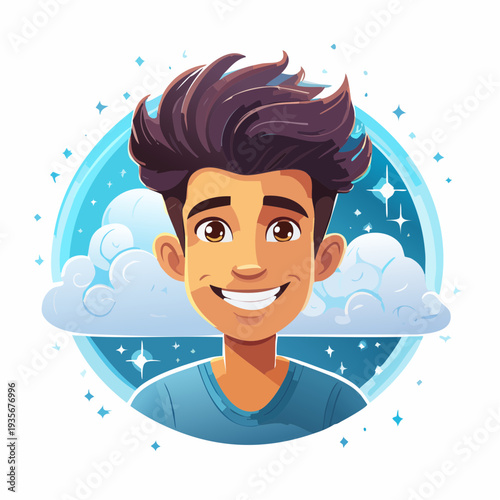 Happy Animated Male Avatar with Spiky Hair Grinning Brightly Amidst Whimsical Clouds and Stars