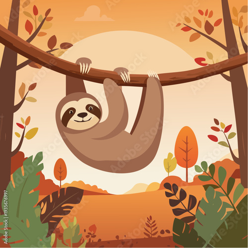 Le mammifère Paresseux suspendu dans la jungle au coucher du soleil