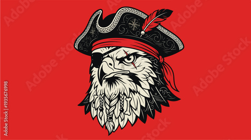Fierce Eagle Pirate Mascot with Eye Patch and Feathered Hat.