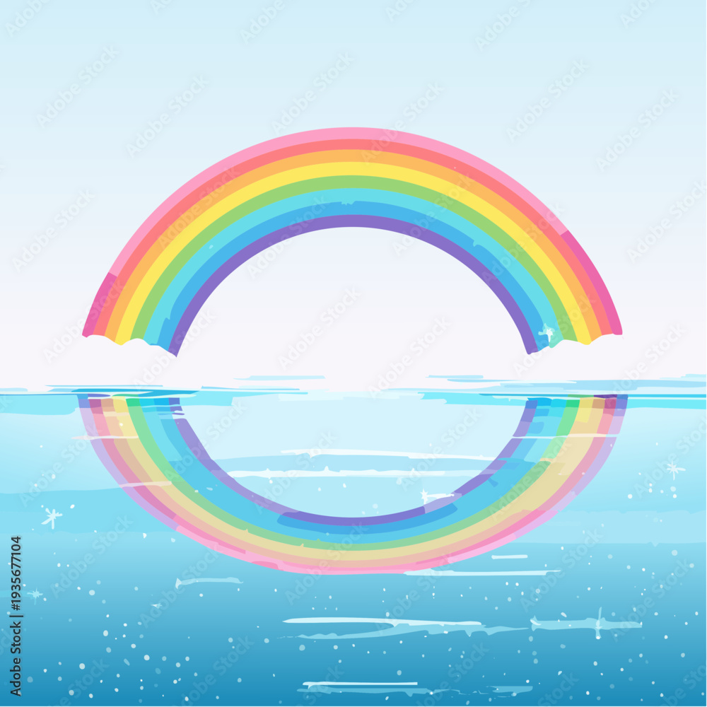 Fototapeta premium Vibrant rainbow arching above serene waters, creating a perfect, colorful reflection