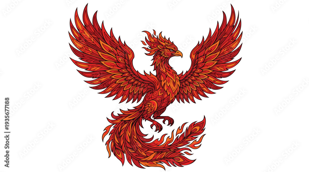 Fototapeta premium Majestic Fiery Phoenix Bird Illustration with Spread Wings.