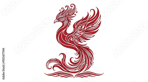 Stylized Red Phoenix Rising with Ornate Feathers and Flowing Tail.